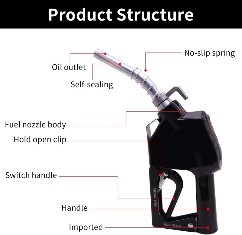 MENAITEK 3/4" Red NPT Fuel Transfer Nozzle Kit - Auto Shut Off Fuel Nozzle W/Fuel Hose Swivel, 16 GPM High Flow, 360° Swivel, 13/16 in Spout w/ 3-Gear Padlock (Diesel, Gasoline, Kerosene) - Image 3